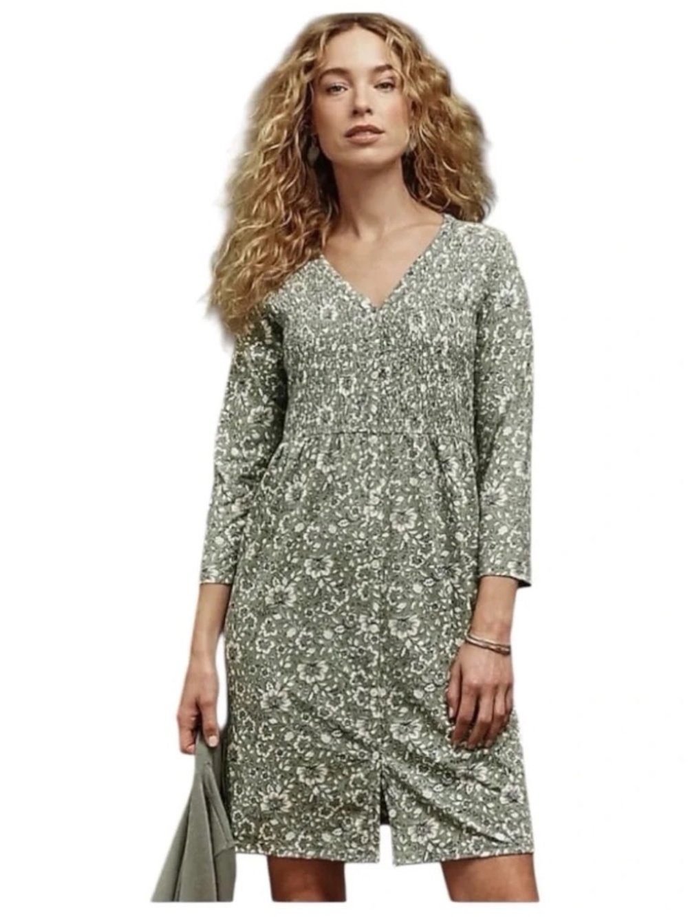 🪻J.jill Smocked Button-front Dress In Willow Thriving Wallfloral XL